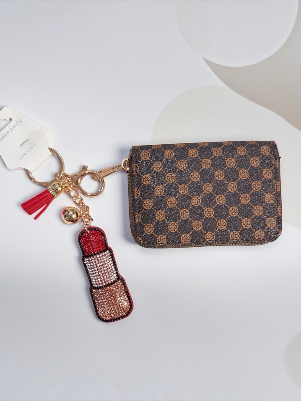 Brown Monogram Accordion Zippy Card Wallet + Rhinestone Lipstick Bag Charm
